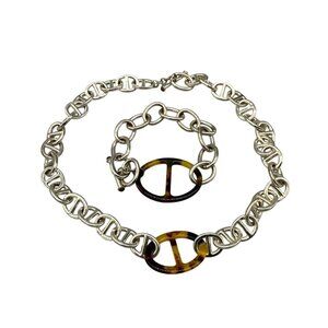 Chunky Chain Faux Tortoise Shell Link Necklace and Bracelet Set Silver Tone